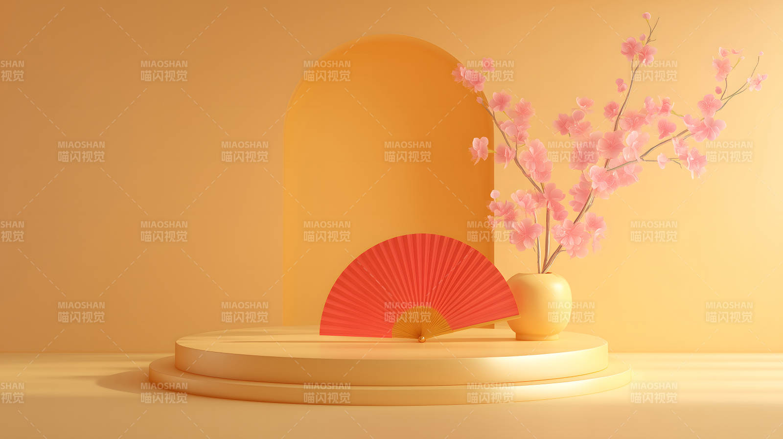 暖色系场景摆拍扇花装饰图片