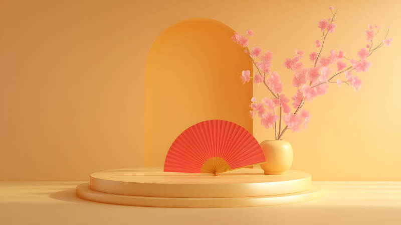 暖色系场景摆拍扇花装饰图片