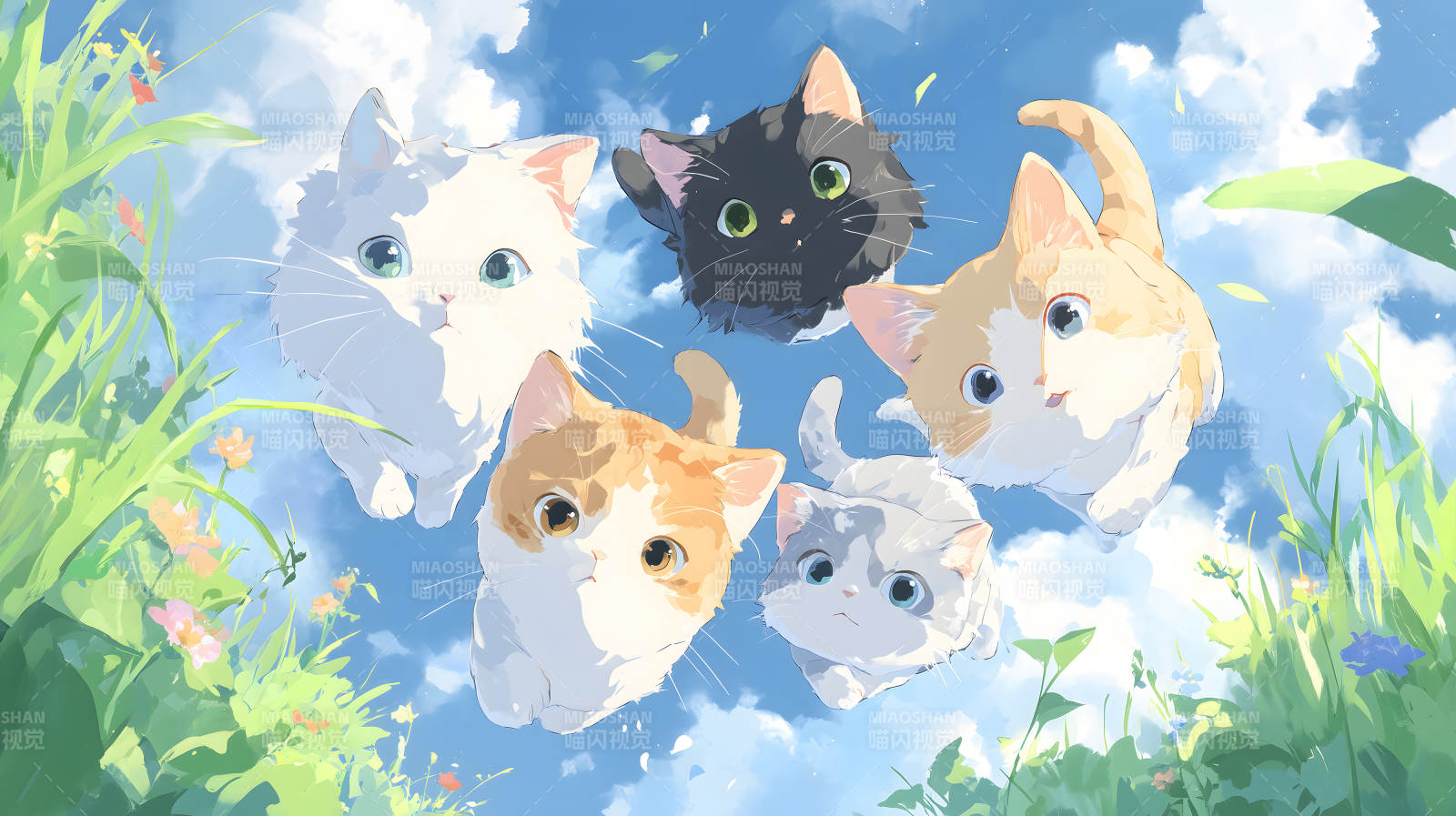 五只猫咪在蓝天草地中凝望图片
