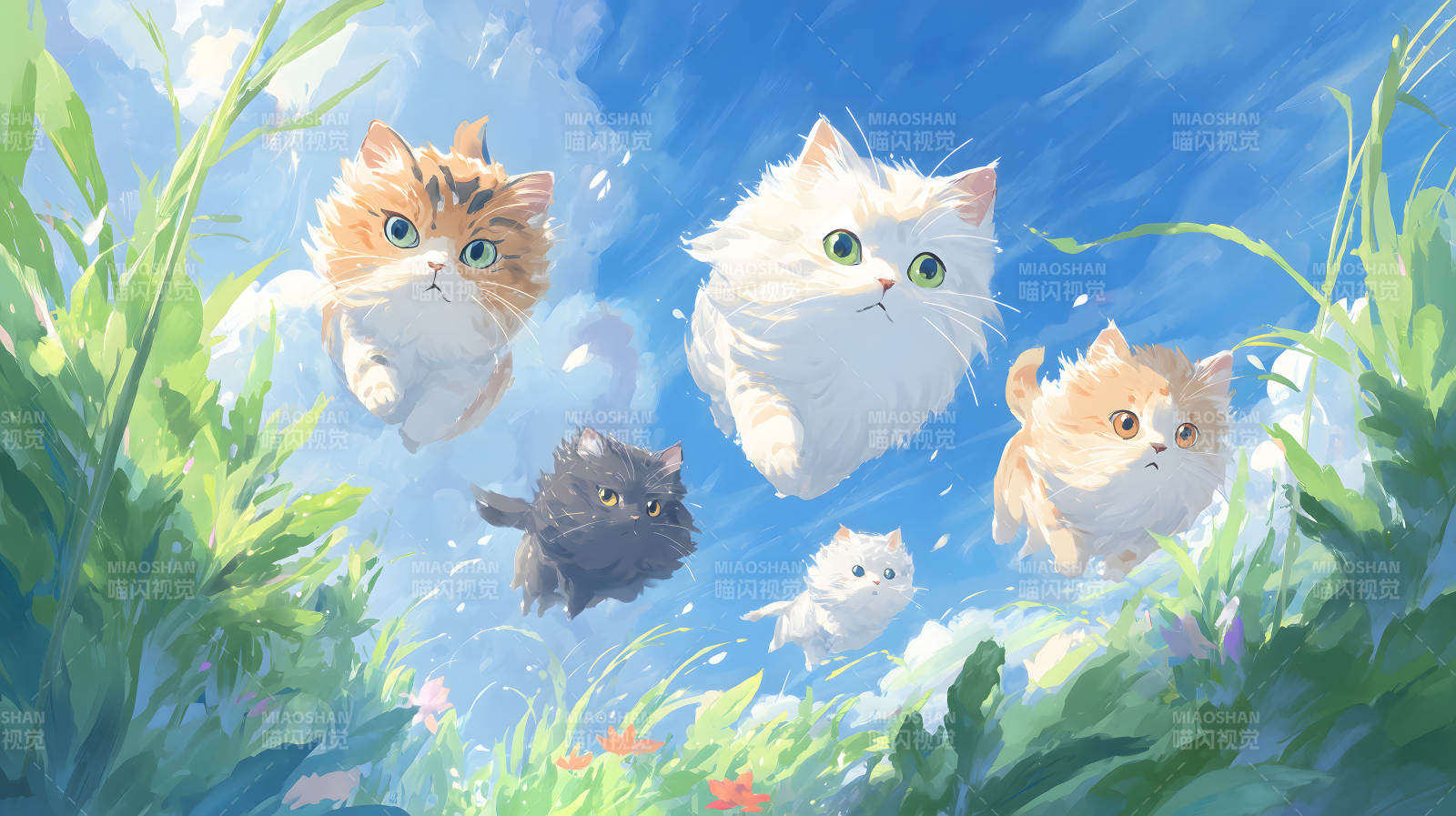 空中飞翔的可爱猫咪们在蓝天之上图片