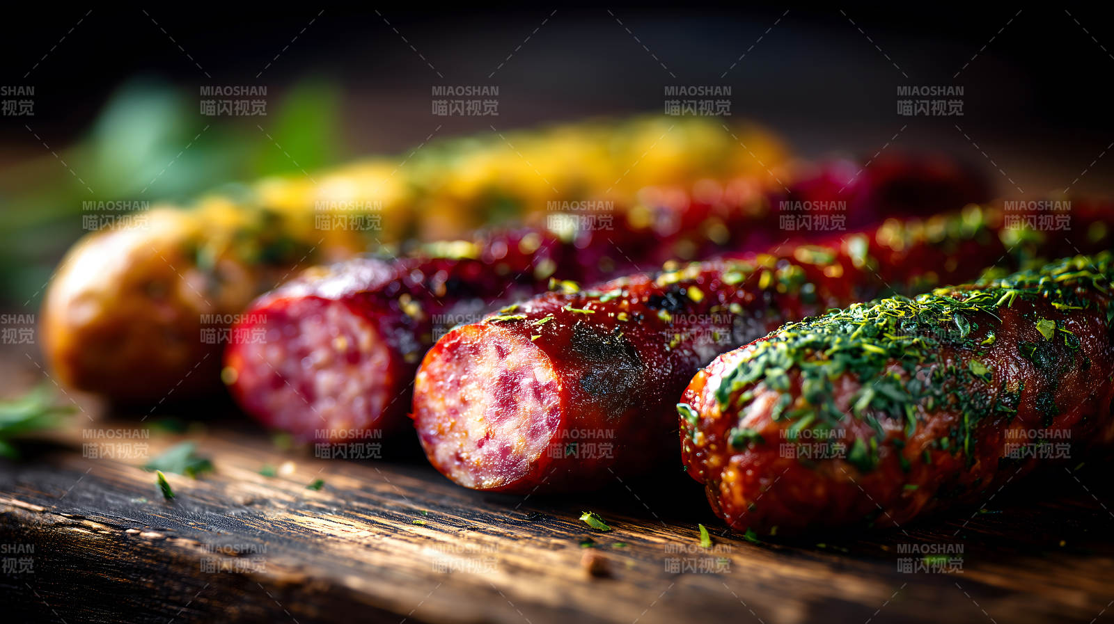 美味香肠特写木质背景诱人美食图片