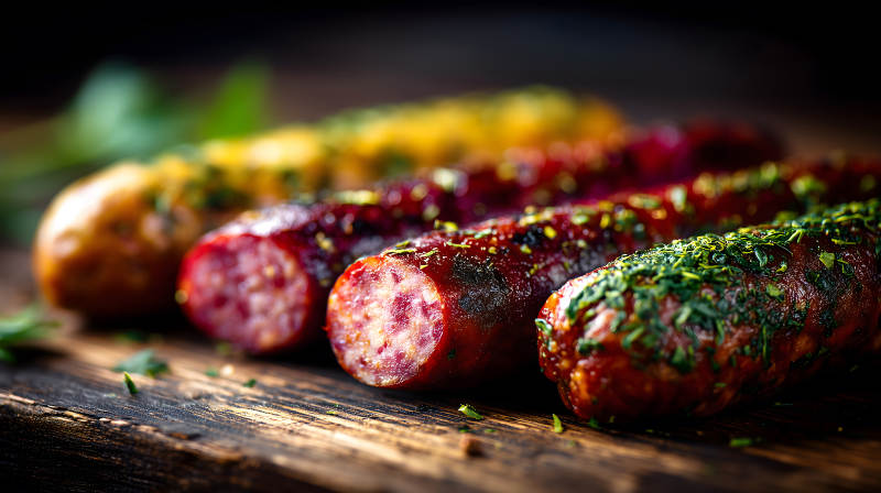 美味香肠特写木质背景诱人美食图片