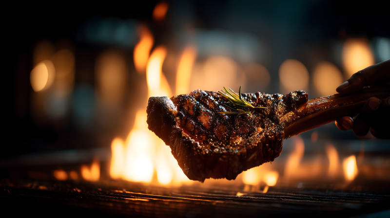 烤肉在火焰上被手拿着色香味俱全图片