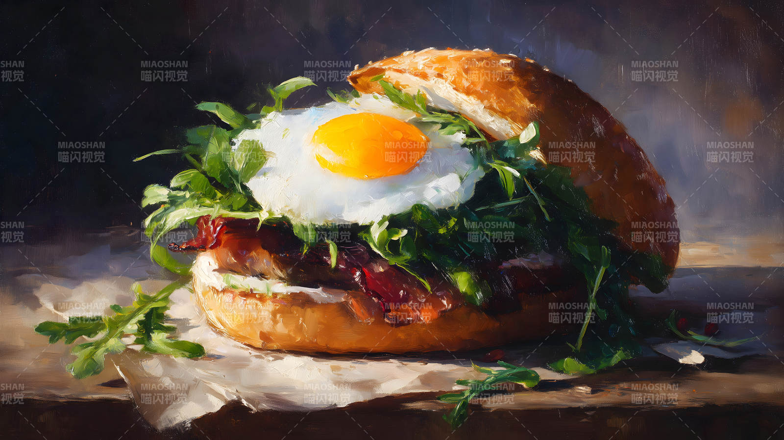 油画风格的汉堡特写图片