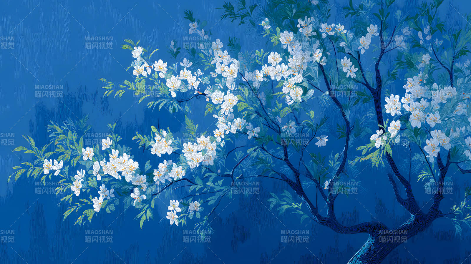 蓝天白花绽放枝头意境幽美图片