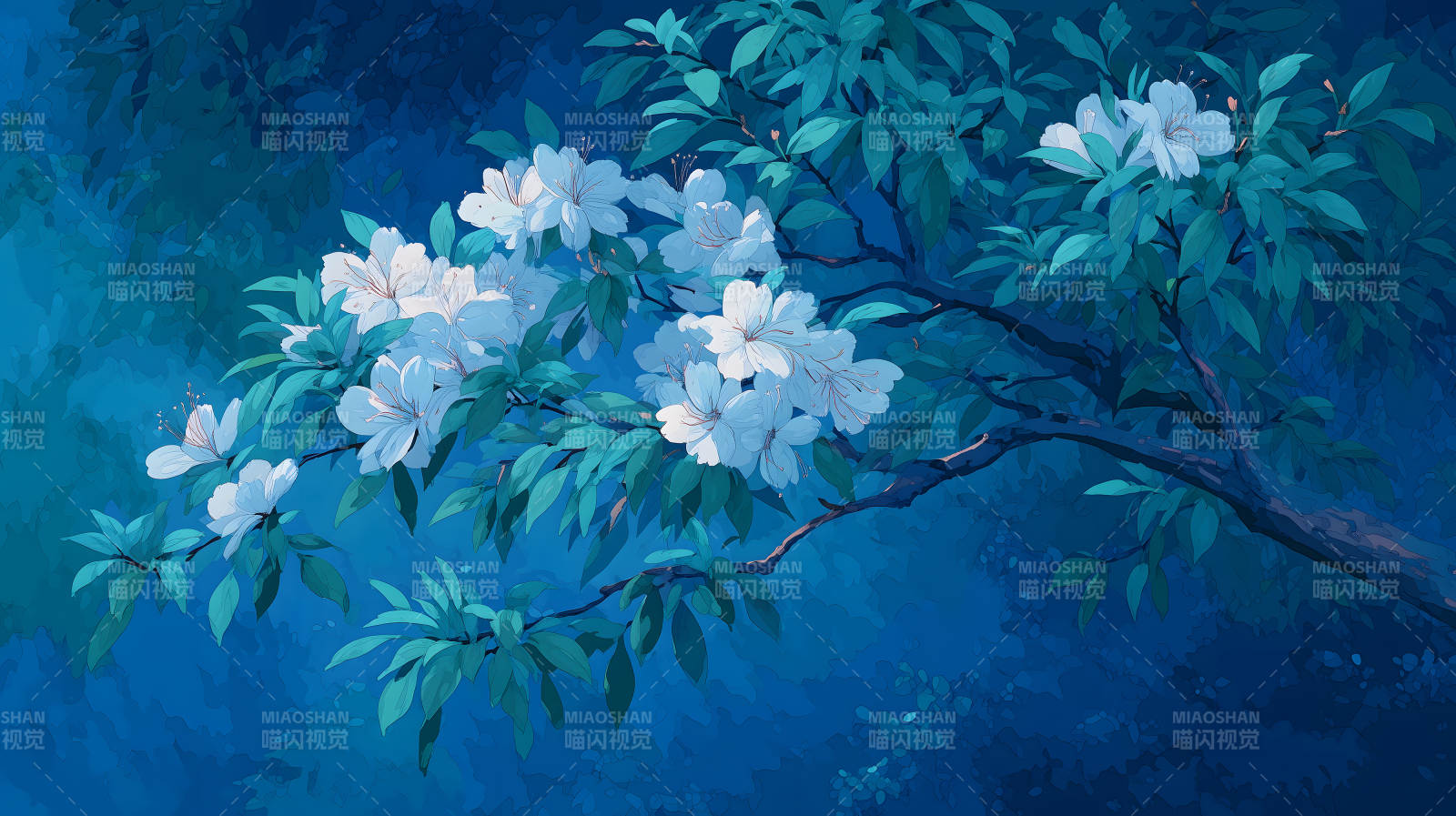 蓝调花枝绽放幽静图片