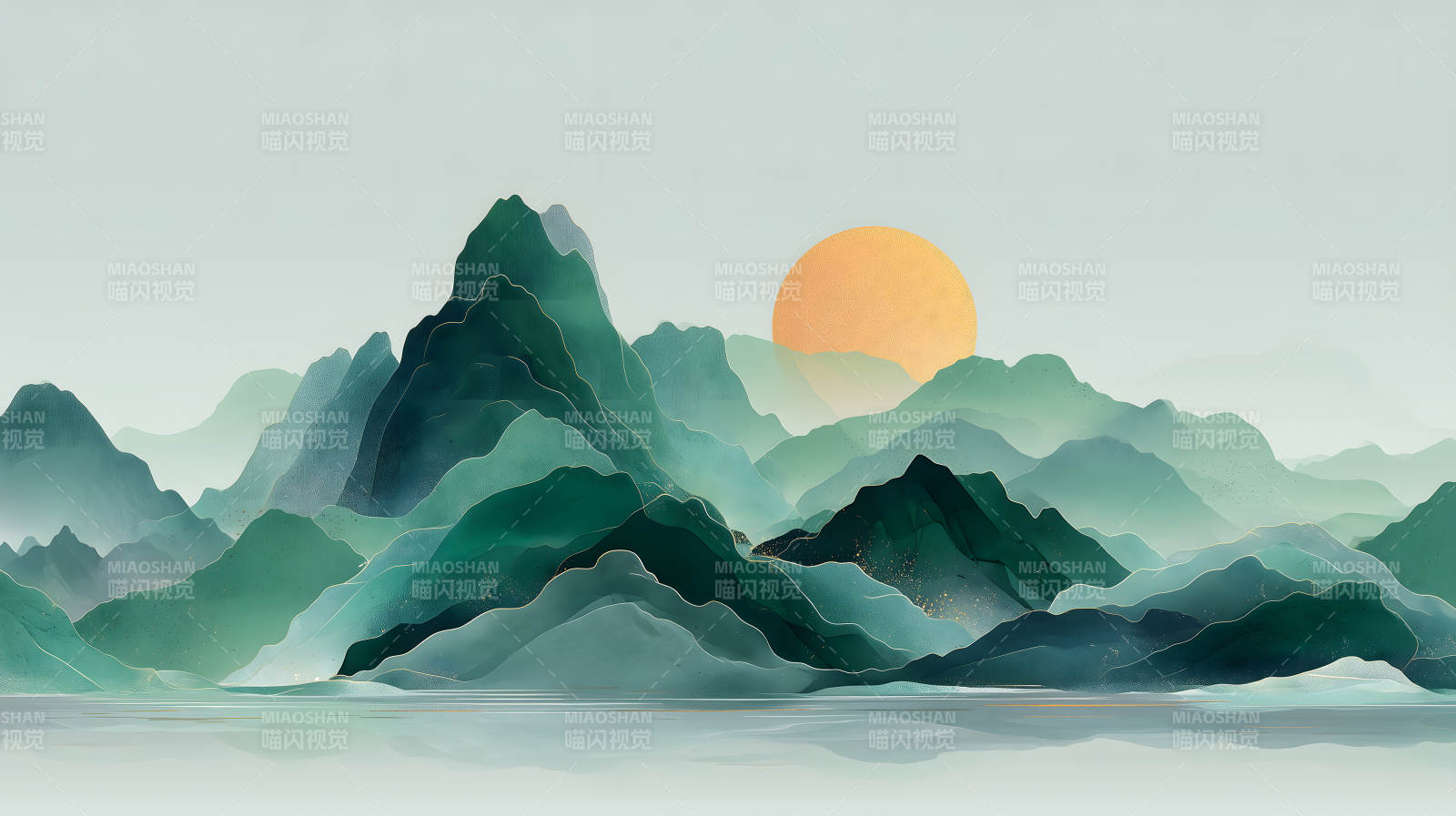 山水风景画日出意境图片