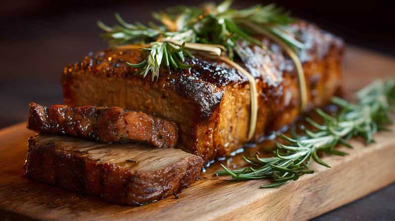烤肉配迷迭香木质砧板上美味食物图片