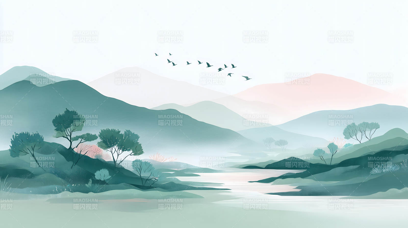 水墨山水画风景如画鸟儿飞翔图片