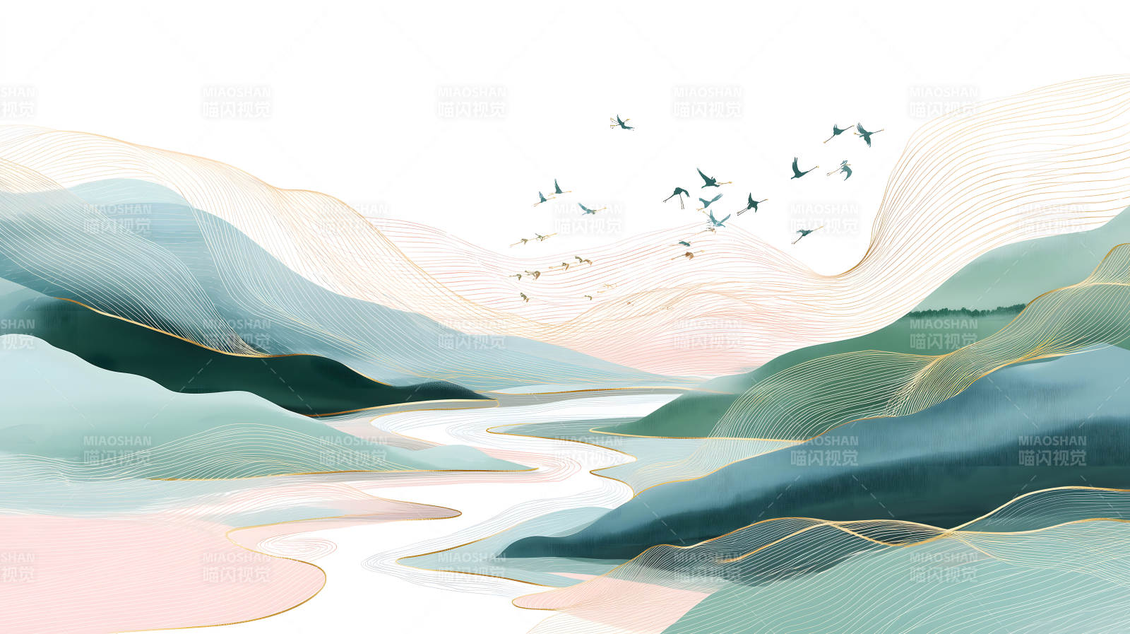 水墨山水画金色线条与飞鸟点缀图片