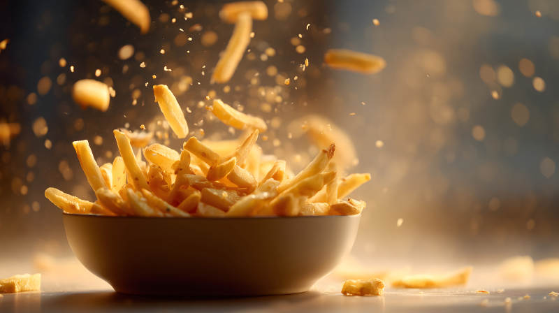 炸薯条飞溅在碗里图片