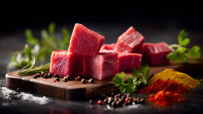 生牛肉块佐料配菜特写图片