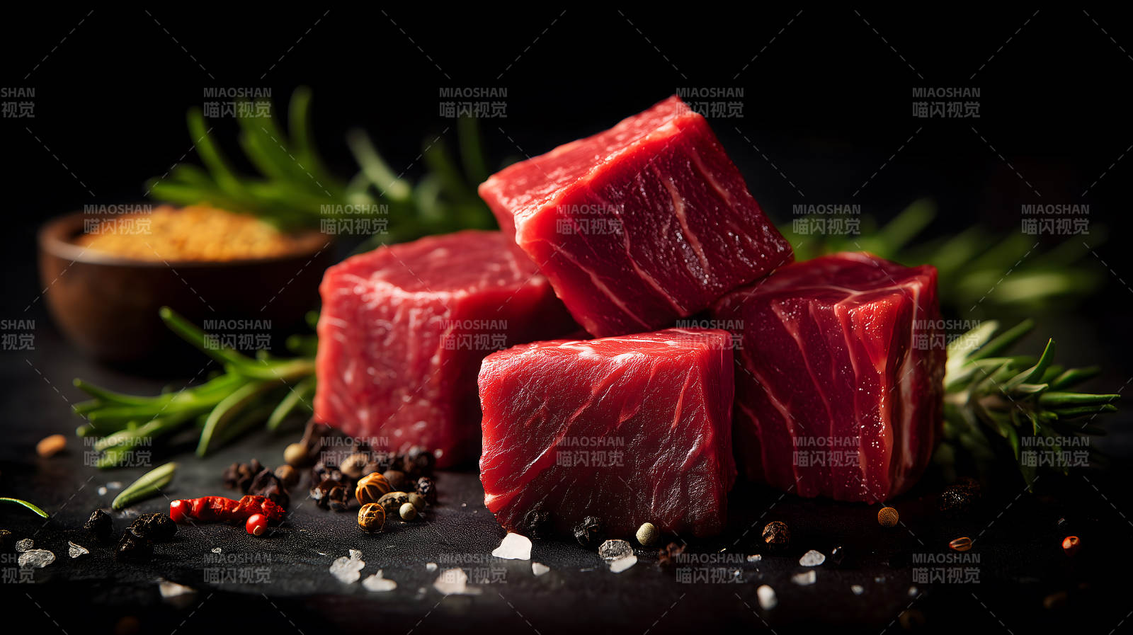 生牛肉块与香料的特写图片