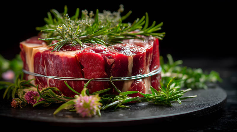 生肉配香草的特写镜头图片