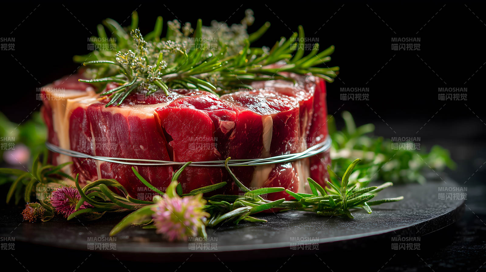 生肉配香草的特写镜头图片