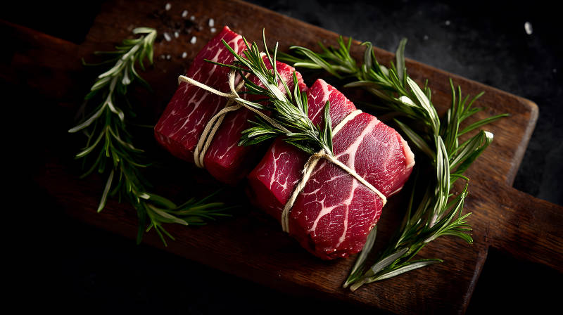 牛肉块配迷迭香装饰木板图片