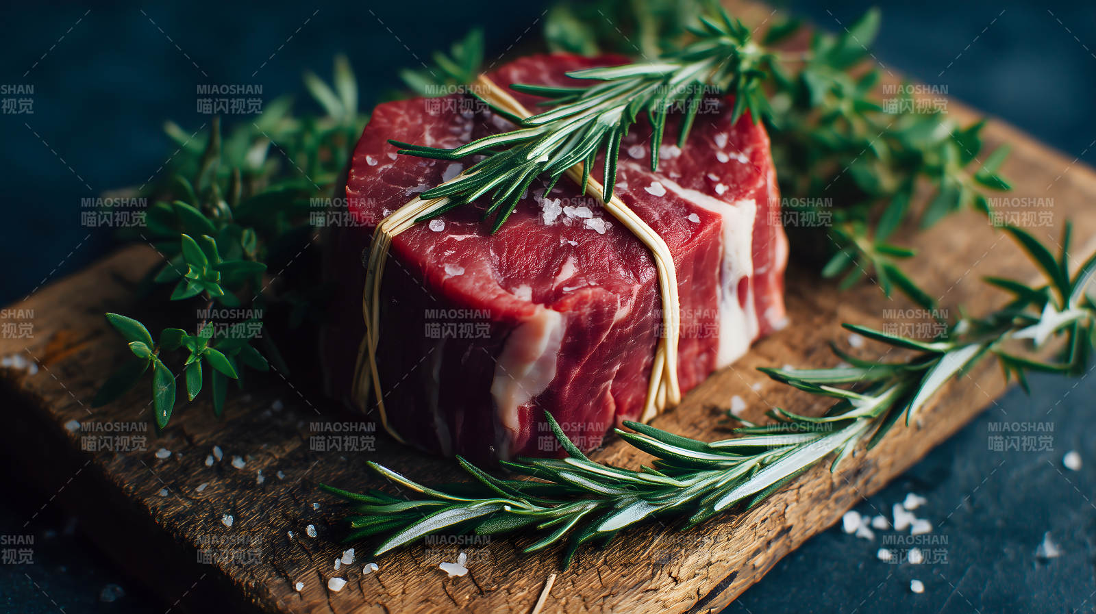 牛排搭配香草木板精致摆盘图片