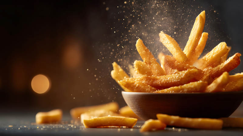 炸薯条盐花飞舞诱人食欲图片