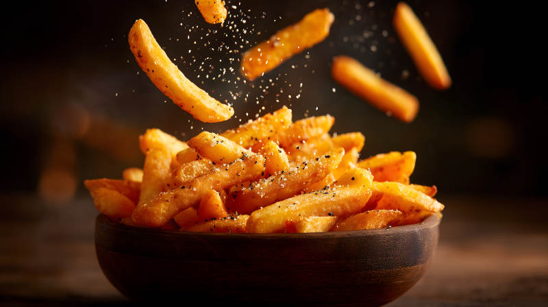 炸薯条撒盐粒特写图片