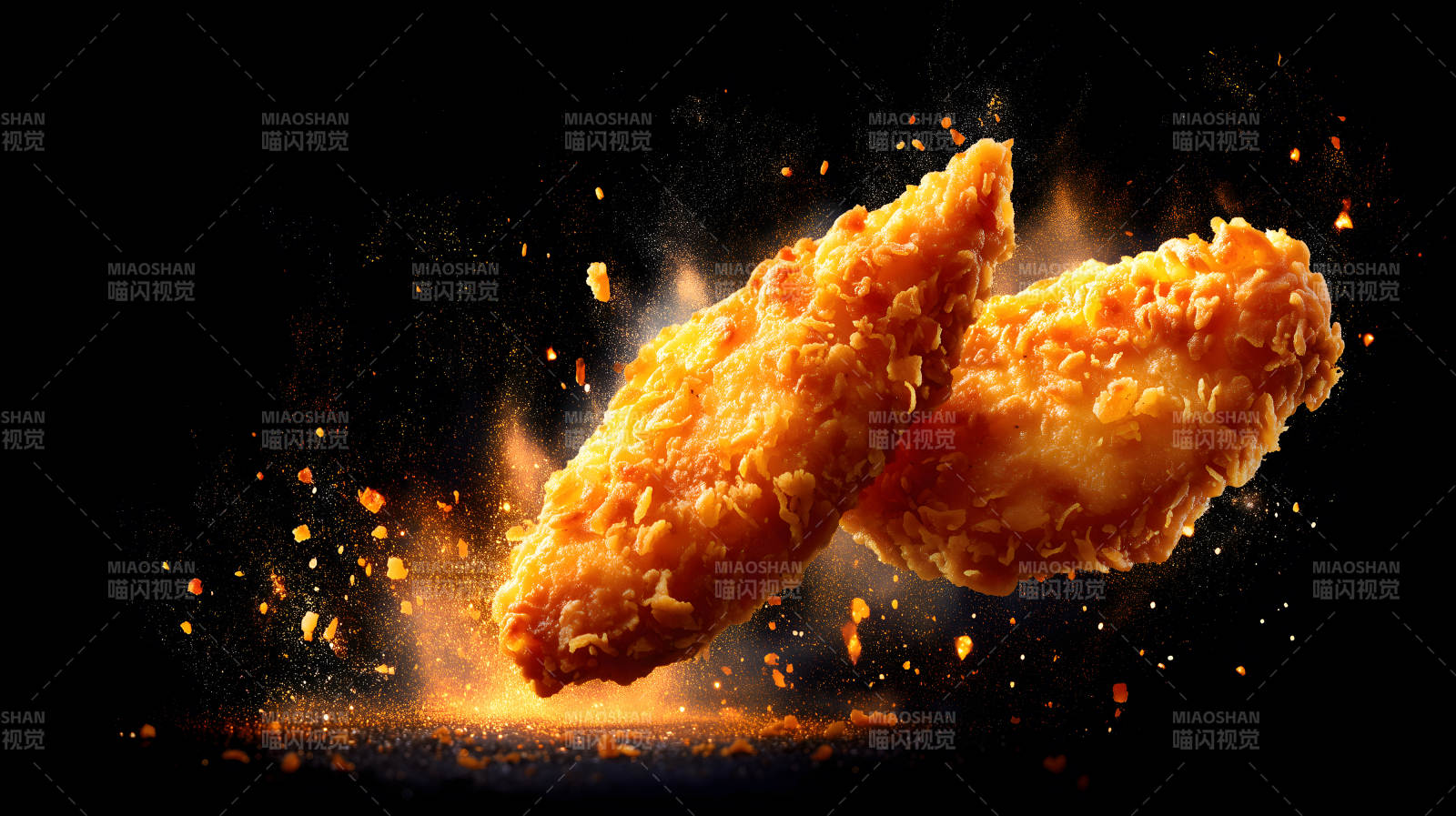 炸鸡块特写黑背景视觉冲击图片