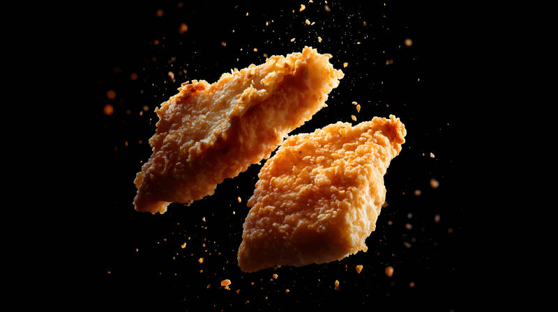 炸鸡块悬浮特写黑背景图片