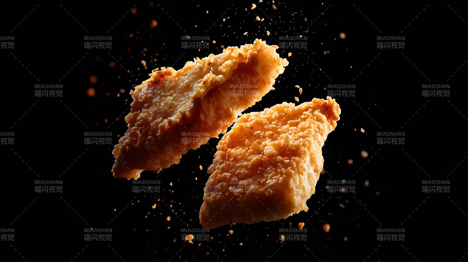 炸鸡块悬浮特写黑背景图片
