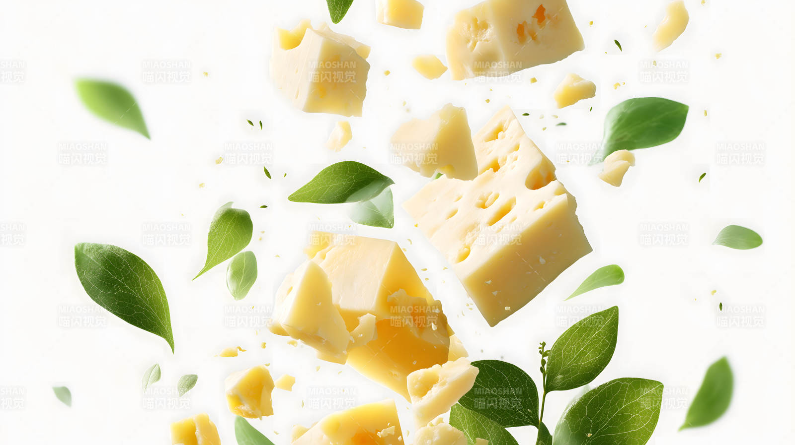 奶酪与绿叶漂浮图片