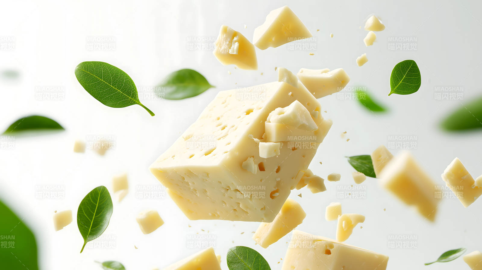 奶酪飞舞配绿叶清新视觉图片