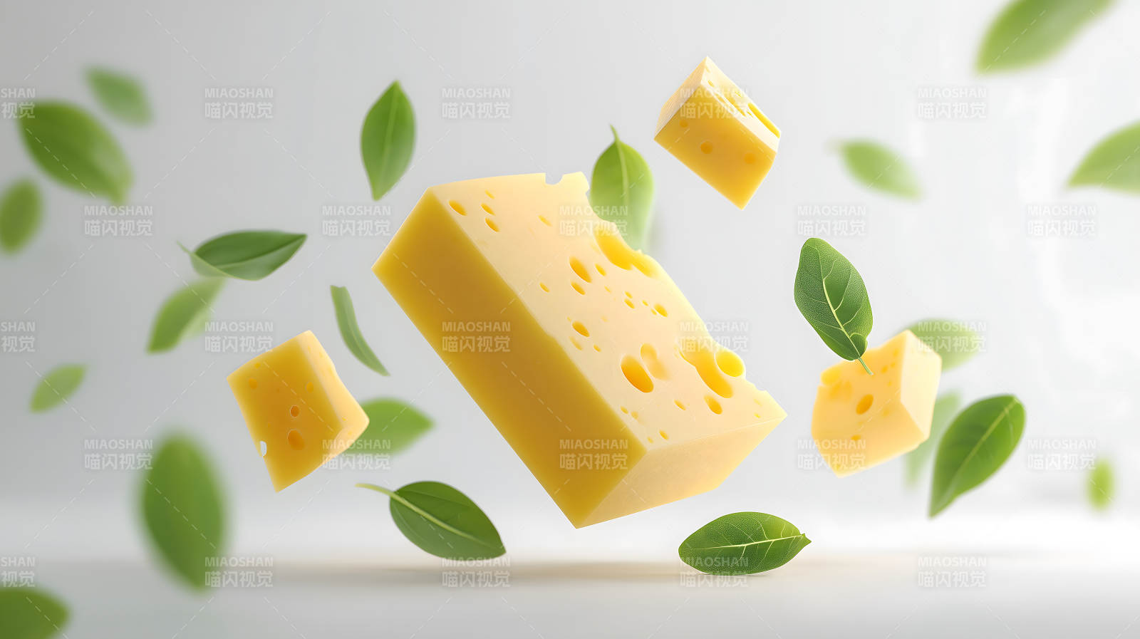 奶酪和叶子漂浮在空中图片