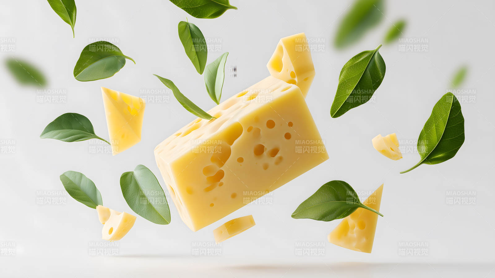 奶酪与绿叶飘浮在空中图片
