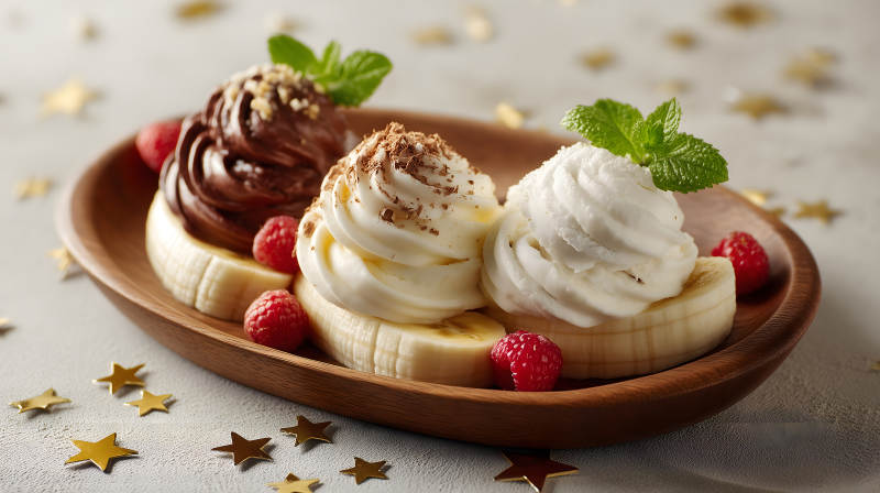 美味甜品组合香蕉奶油覆盆子图片