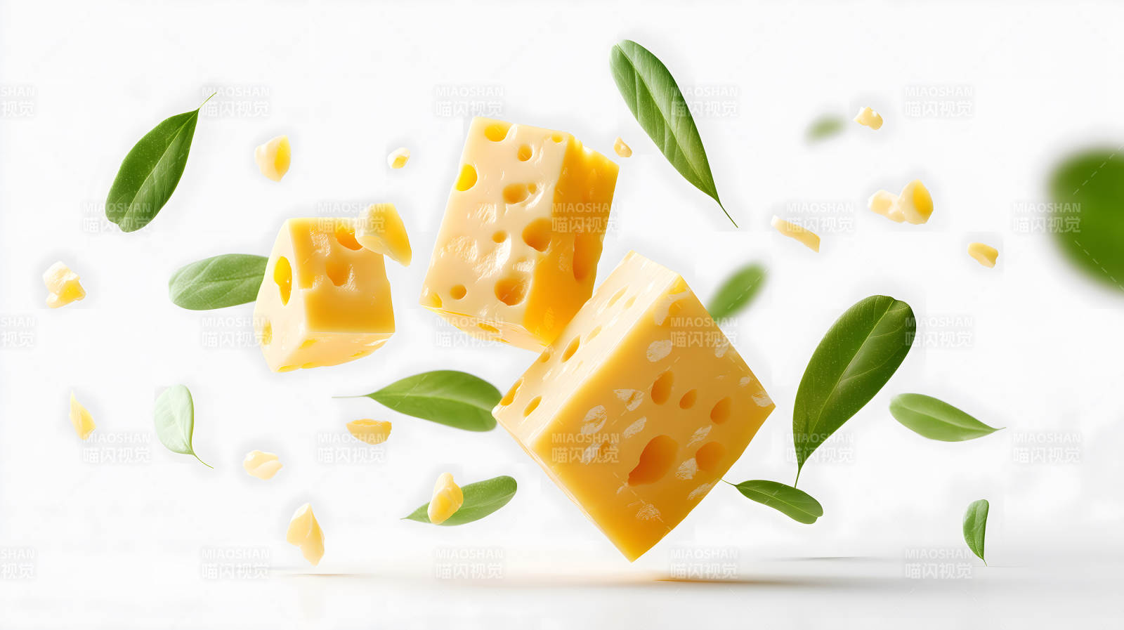 奶酪飞舞与绿叶飘散图片