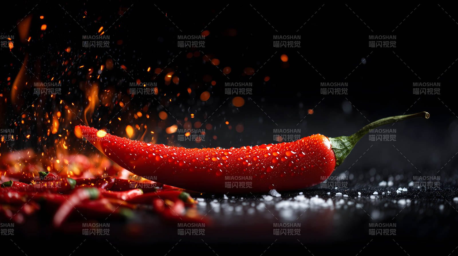 红辣椒特写烈焰与水珠交织图片