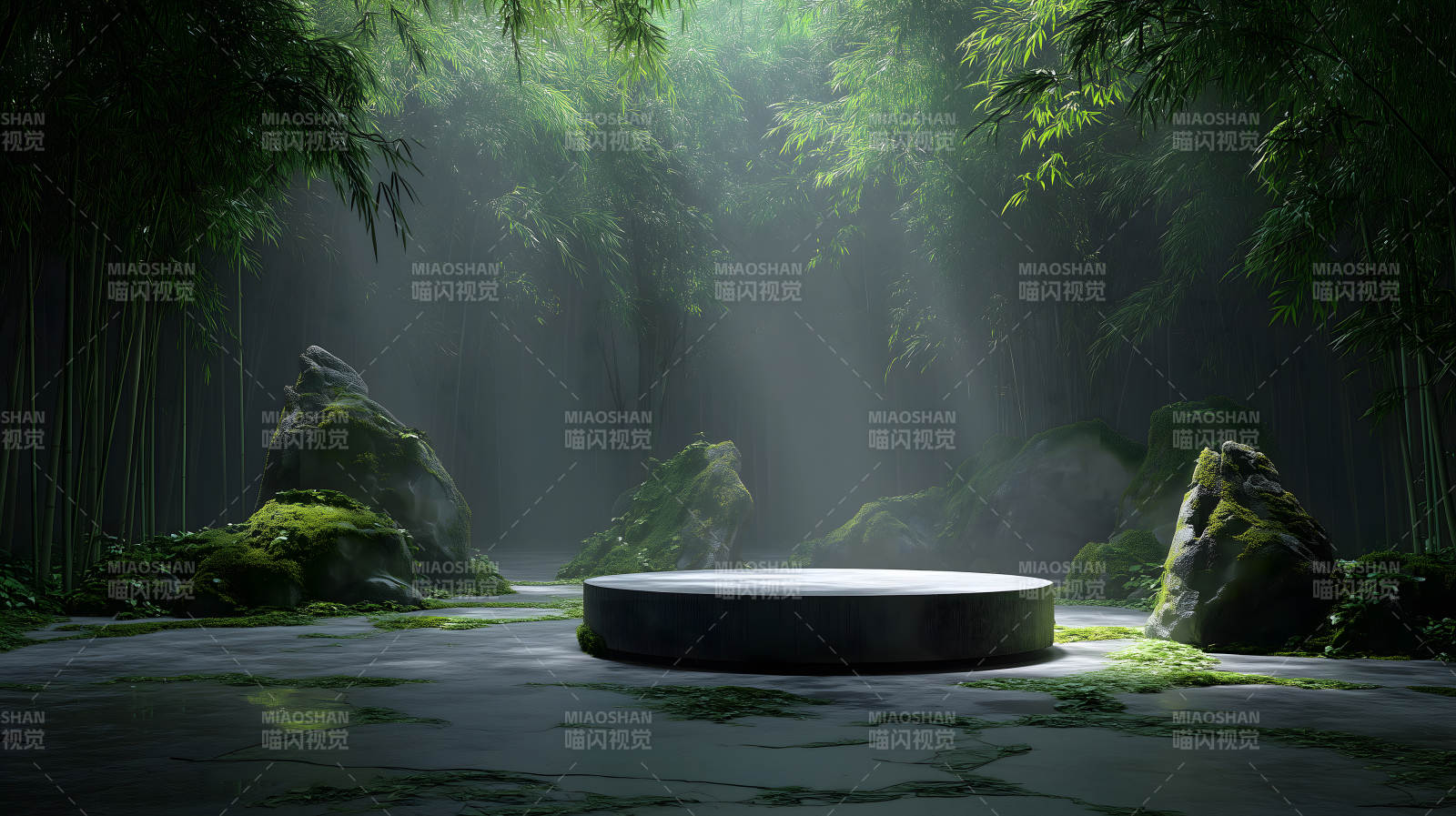 竹林深处的光束下方的圆形展示台图片