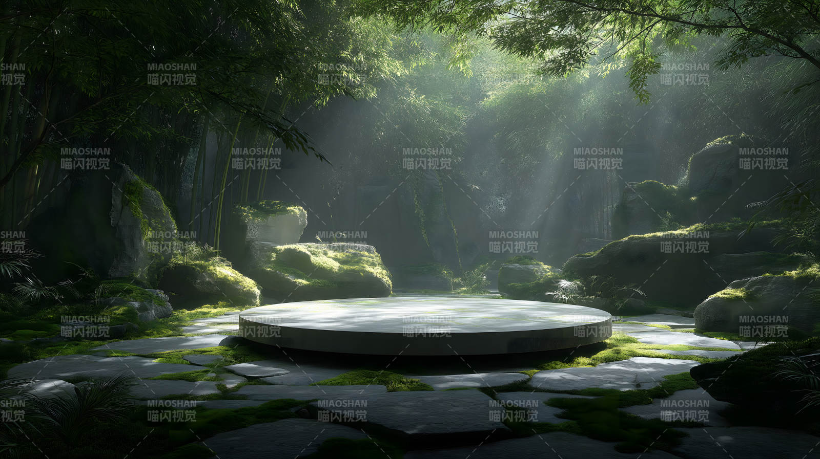 幽静竹林中的圆形平台图片