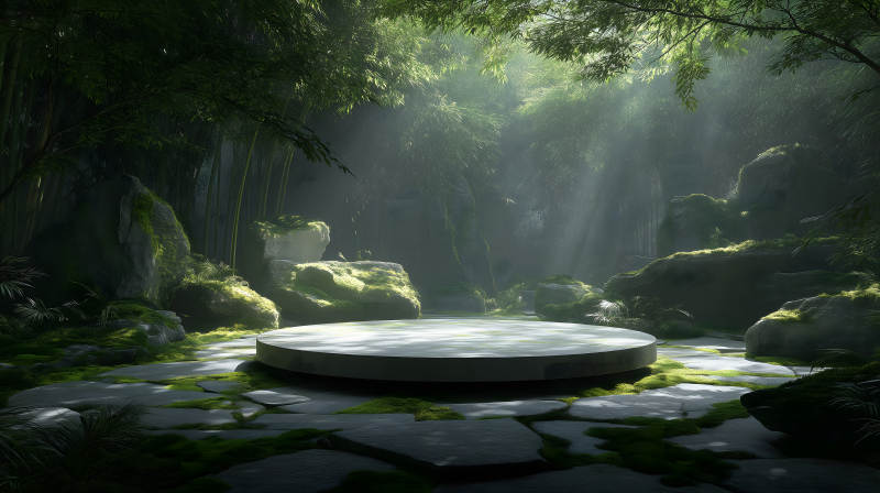 幽静竹林中的圆形平台图片
