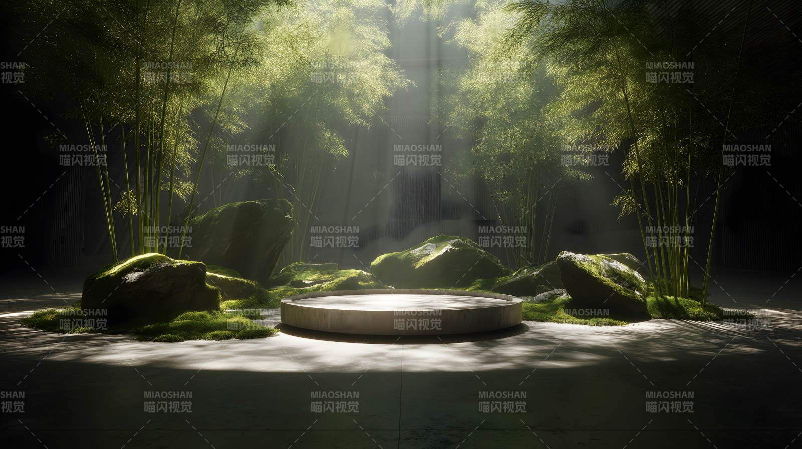竹林光影中的圆形展示台图片