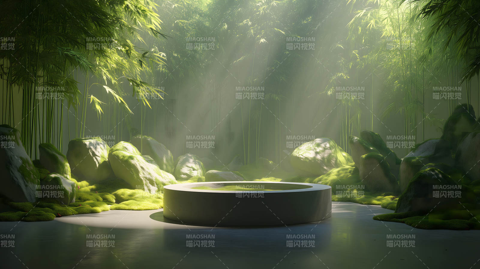 竹林中的圆形水池环境幽静图片