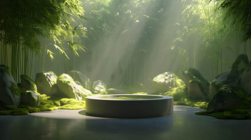 竹林中的圆形水池环境幽静图片