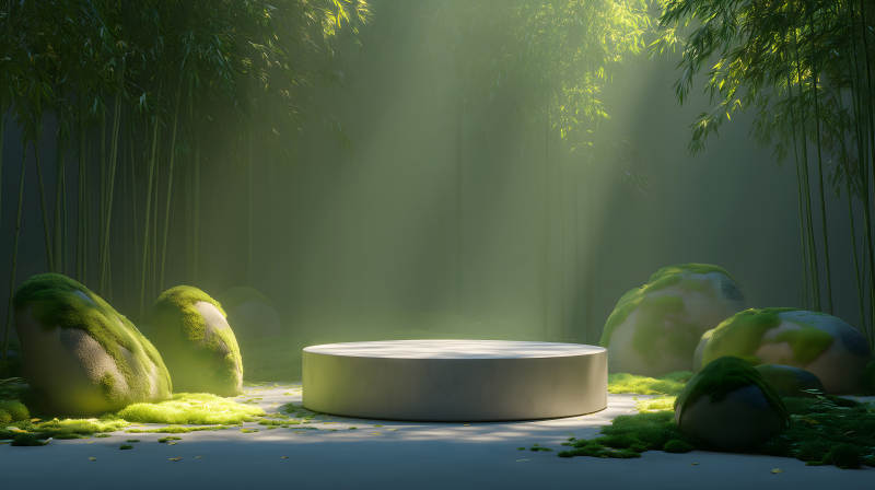 竹林中的圆形展示台仙气缥缈意境悠远图片