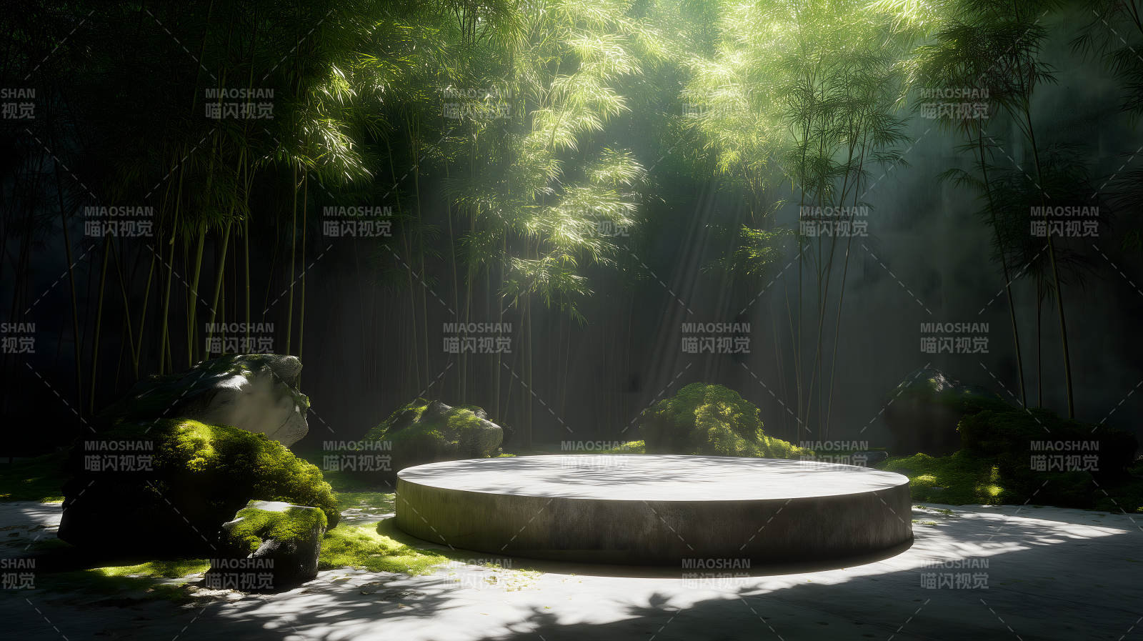 竹林光影下的展示台图片