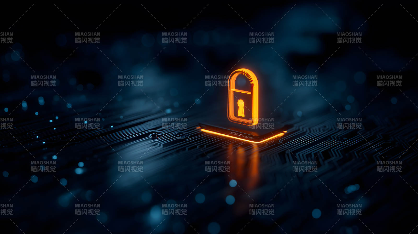 电路板上的发光锁形图标象征安全保护图片