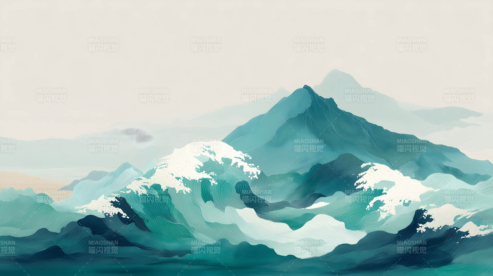 海浪山峦水墨画风景意境悠远图片