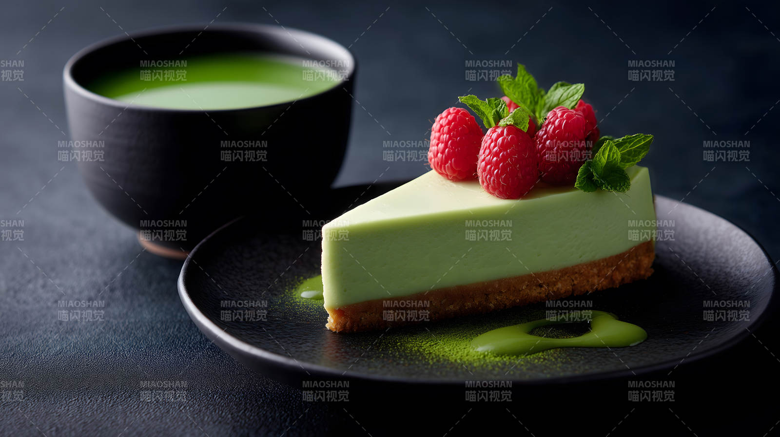 抹茶蛋糕配覆盆子薄荷图片