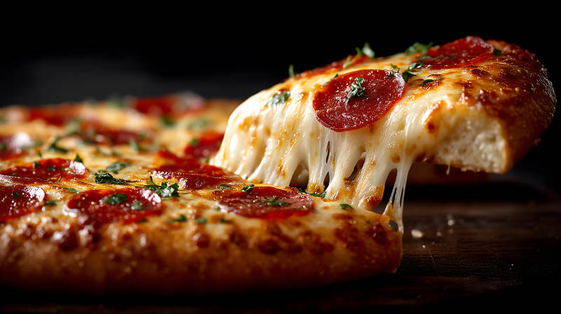 披萨切片芝士拉丝美味诱人图片