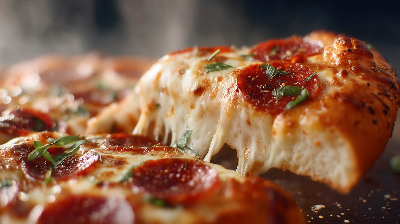 美味的披萨特写镜头芝士拉丝图片