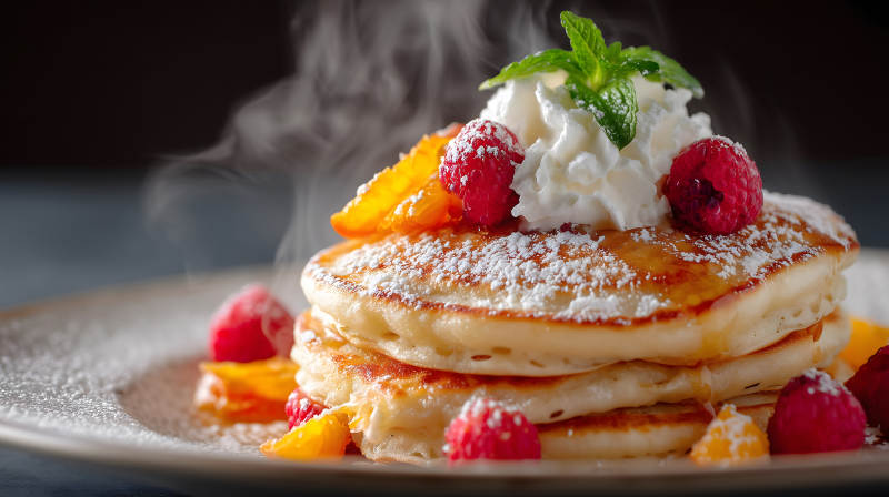 美味的煎饼配水果奶油图片