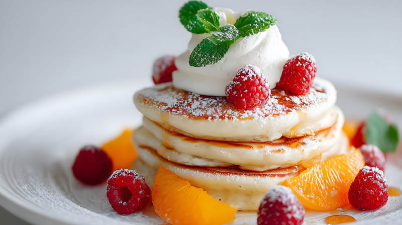 美味煎饼配水果和奶油图片