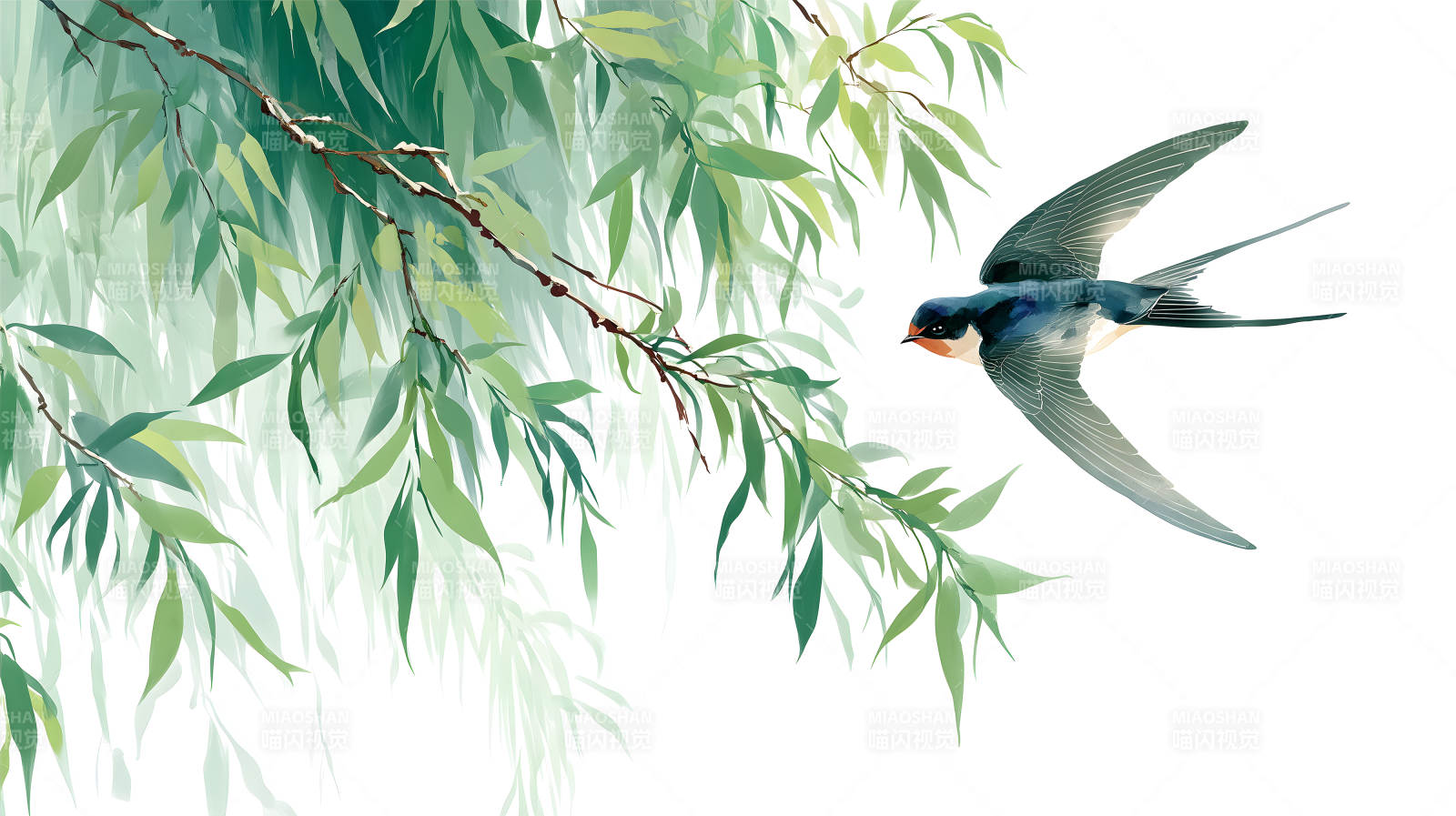 翠绿柳枝与飞翔燕子图图片