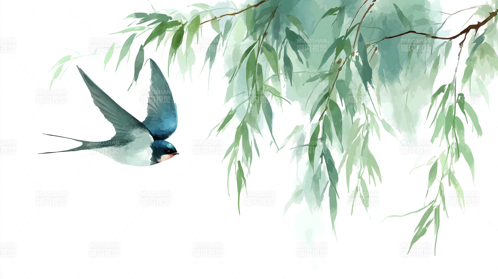 水墨风格飞鸟柳枝图片